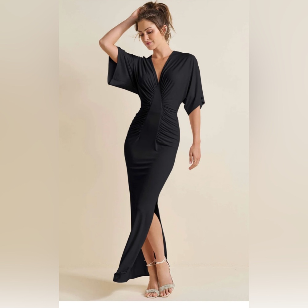 Venus black drape sleeve maxi dress